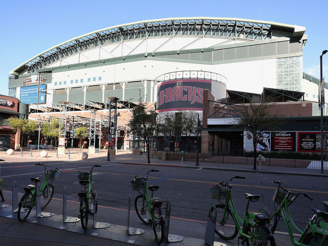 PHOENIX, ARIZONA - MARCH 26: General view outside of Chase Field on March 26, 2020 in Phoenix, Arizona. The Arizona Diamondbacks and the Atlanta Braves were scheduled to play a Major League Baseball opening day game tonight, which was postponed due to the coronavirus (COVID-19) global pandemic.