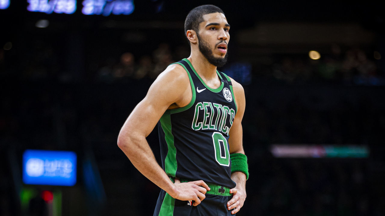 BOSTON, MA - MARCH 8: Jayson Tatum #0 of the Boston Celtics looks on during the game against the Oklahoma City Thunder on March 8, 2020 at the TD Garden in Boston, Massachusetts. Mandatory Copyright Notice: Copyright 2020 NBAE