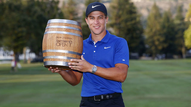 NAPA, CALIFORNIA - SEPTEMBER 29: Cameron Champ poses with the trophy after winning the final round of the Safeway Open at the Silverado Resort on September 29, 2019 in Napa, California.