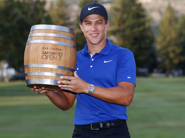 NAPA, CALIFORNIA - SEPTEMBER 29: Cameron Champ poses with the trophy after winning the final round of the Safeway Open at the Silverado Resort on September 29, 2019 in Napa, California.