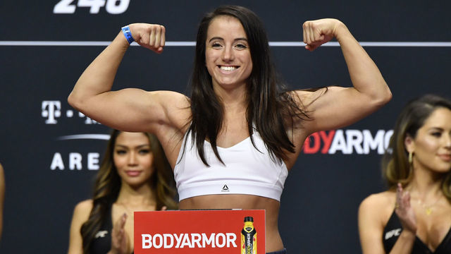 LAS VEGAS, NEVADA - JANUARY 17: Maycee Barber poses on the scale during the UFC 246 weigh-in at Park Theater at Park MGM on January 17, 2020 in Las Vegas, Nevada.