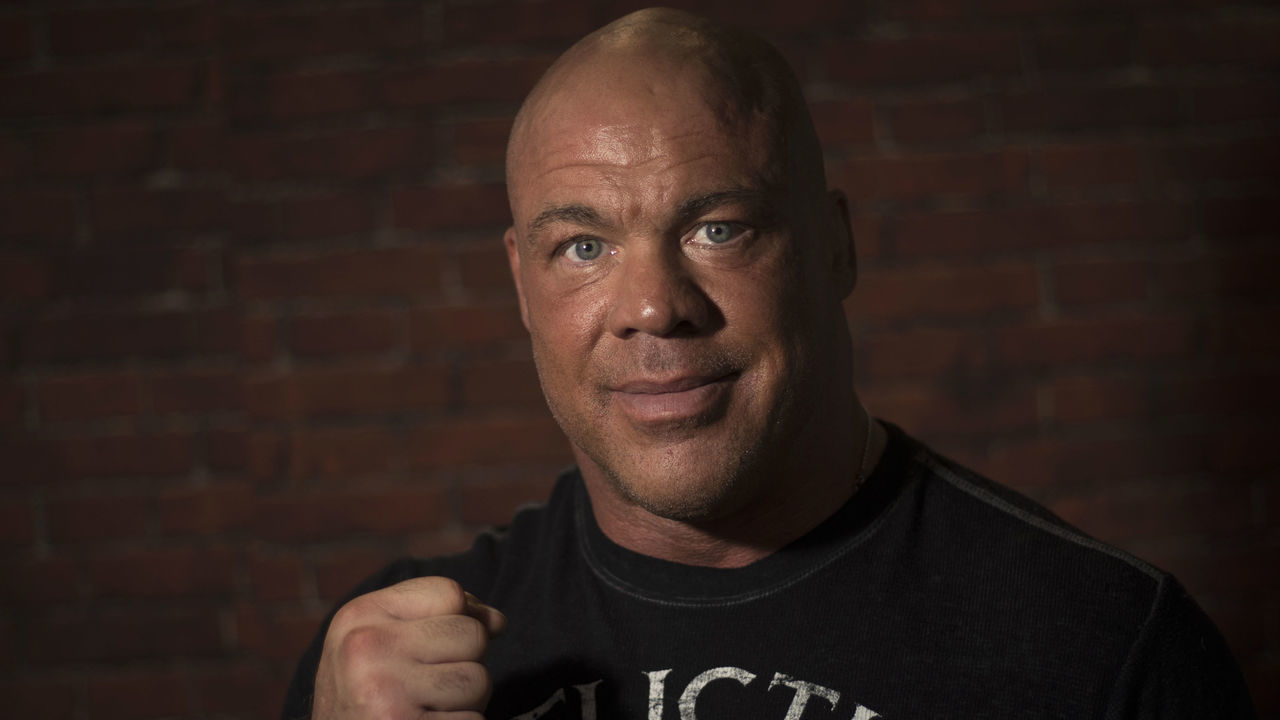 US wrestler and actor Kurt Angle poses on November 4, 2017, as he attends the 2017 Paris Games Week, at the Porte de Versailles exhibition centre in Paris. / AFP PHOTO / Thomas SAMSON