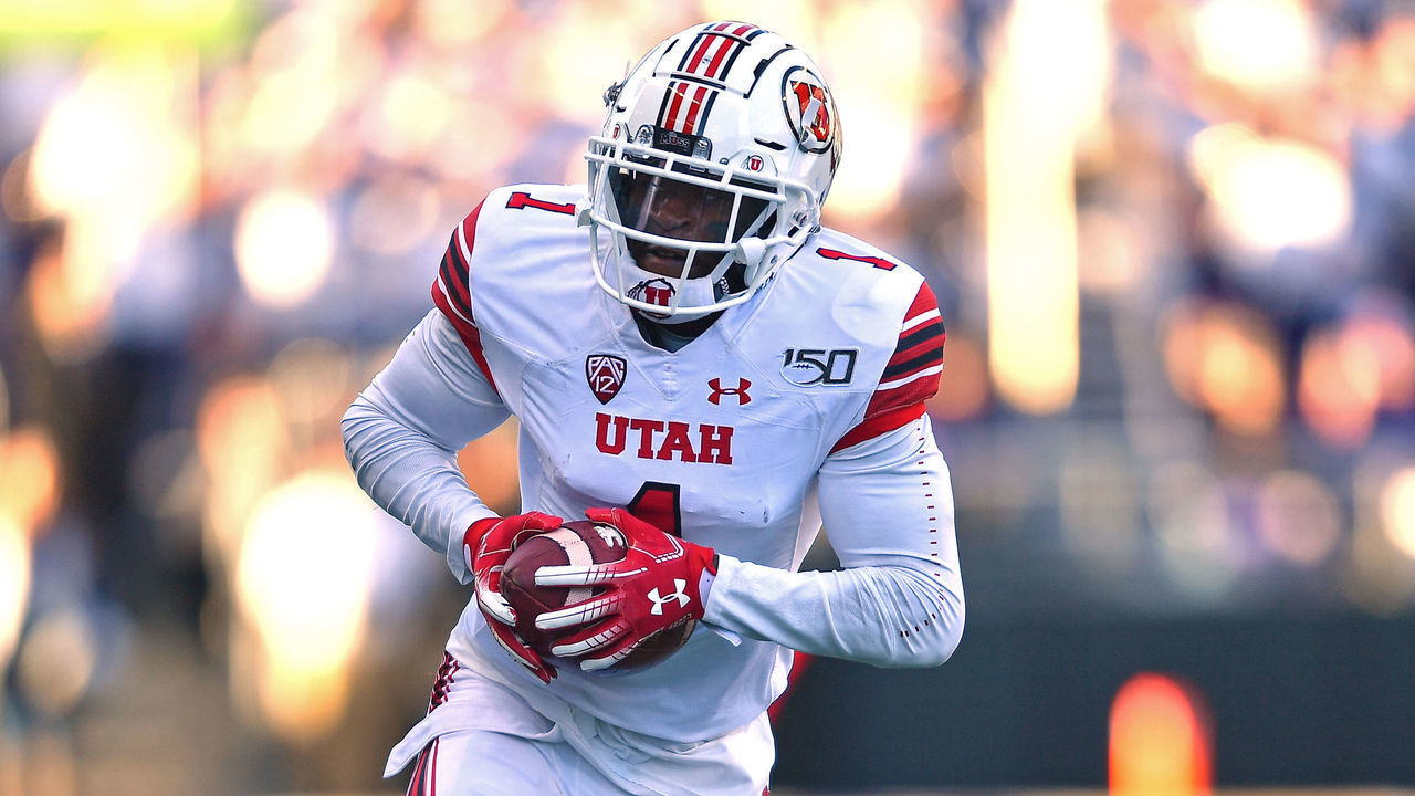 SEATTLE, WASHINGTON - NOVEMBER 02: Jaylon Johnson #1 of the Utah Utes intercepts a Jacob Eason #10 of the Washington Huskies pass and returns it for a 39 yard for a touchdown during the third quarter of the game at Husky Stadium on November 02, 2019 in Seattle, Washington. The Utah Utes top the Washington Huskies 33-28.