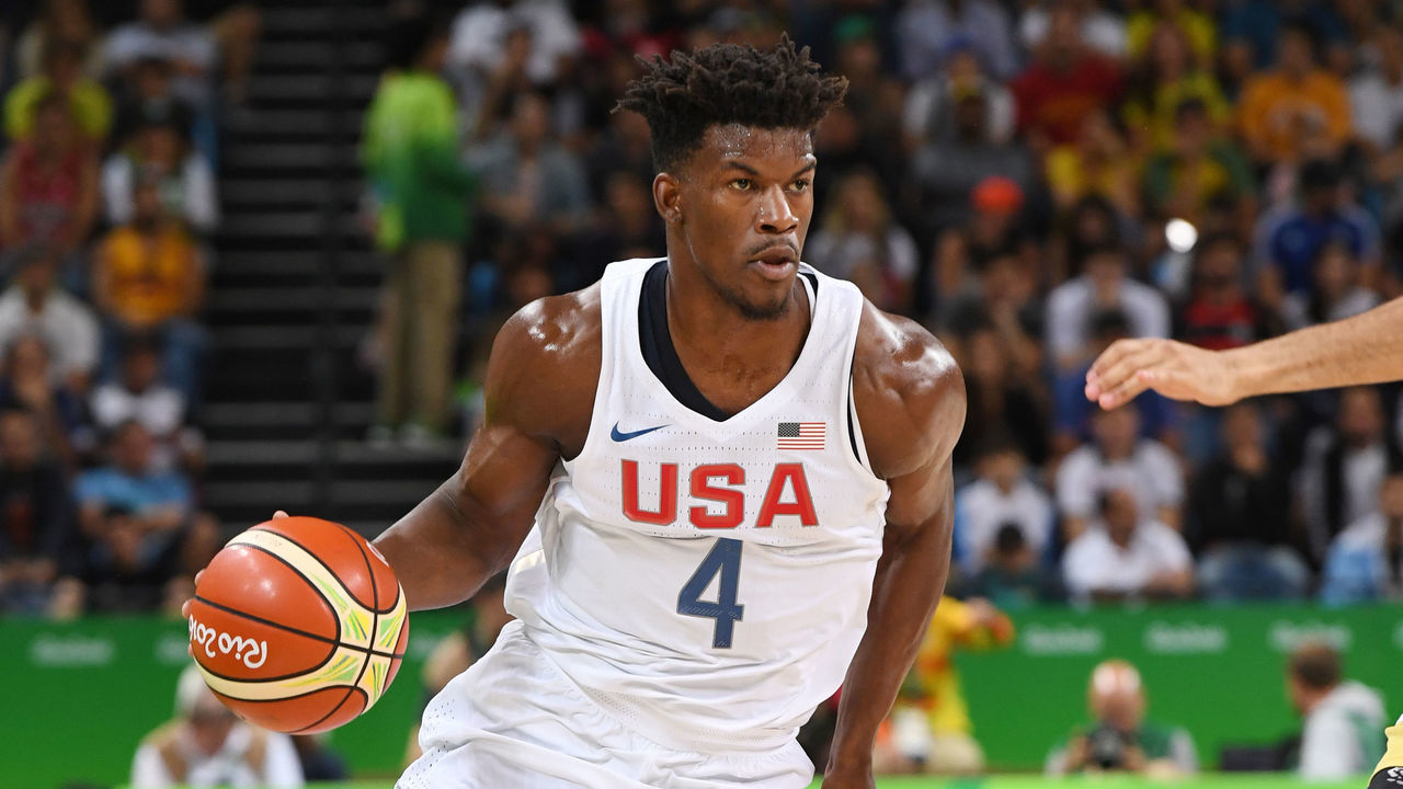 RIO DE JANEIRO, BRAZIL - AUGUST 8: Jimmy Butler #4 of the USA Basketball Men's National Team handles the ball against Venezuela on Day 3 of the Rio 2016 Olympic Games at Carioca Arena 1 on August 8, 2016 in Rio de Janeiro, Brazil. NOTE TO USER: User expressly acknowledges and agrees that, by downloading and/or using this Photograph, user is consenting to the terms and conditions of the Getty Images License Agreement. Mandatory Copyright Notice: Copyright 2016 NBAE