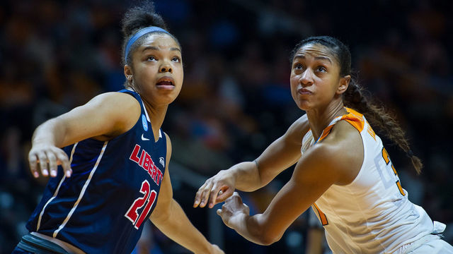 KNOXVILLE, TN - MARCH 16: Tennessee Lady Volunteers guard/forward Jaime Nared (31) and Liberty Lady Flames forward Keyen Green (21) battle for position during a game between the Tennessee Lady Volunteers and Liberty Lady Flames on March 16, 2018, at Thompson-Boling Arena in Knoxville, TN. Tennessee defeated Liberty 100-60.