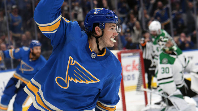 ST. LOUIS, MO. - OCTOBER 05: St. Louis Blues leftwing Sammy Blais (9) celebrates after scoring the winning goal in the third period during a NHL game between the Dallas Stars and the St. Louis Blues on October 05, 2019, at Enterprise Center, St. Louis, MO.