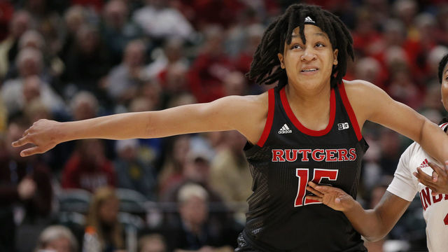 INDIANAPOLIS, IN - MARCH 06: Rutgers Scarlet Knights center Maori Davenport (15) blocks out Indiana Hoosiers guard Keyanna Warthen (2) during the womens Big 10 Tournament game between the Rutgers Scarlet Knights and the Indiana Hoosiers on March 06, 2019 at Bankers Life Fieldhouse in Indianapolis, IN.