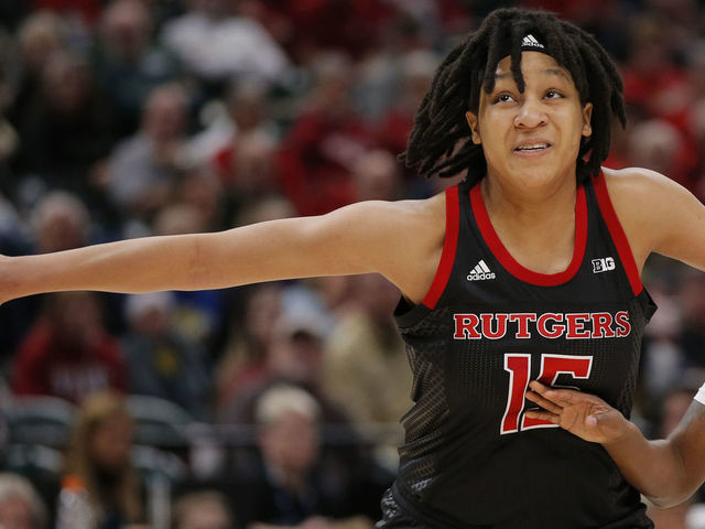 INDIANAPOLIS, IN - MARCH 06: Rutgers Scarlet Knights center Maori Davenport (15) blocks out Indiana Hoosiers guard Keyanna Warthen (2) during the womens Big 10 Tournament game between the Rutgers Scarlet Knights and the Indiana Hoosiers on March 06, 2019 at Bankers Life Fieldhouse in Indianapolis, IN.