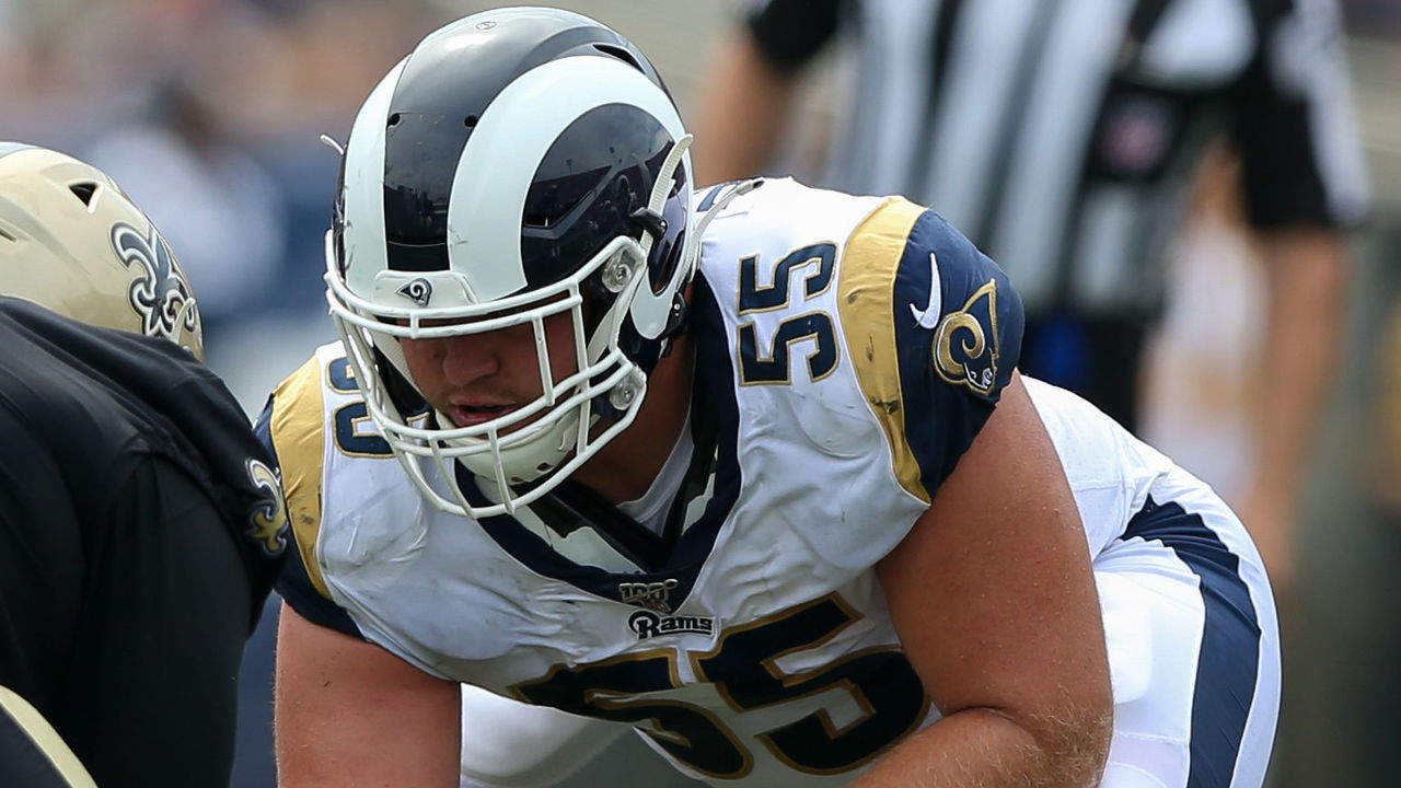 LOS ANGELES, CA - SEPTEMBER 15: Los Angeles Rams center Brian Allen (55) during an NFL football game between the New Orleans Saints and the Los Angeles Rams on September 15, 2019, at the Los Angeles Memorial Coliseum in Los Angeles, CA.