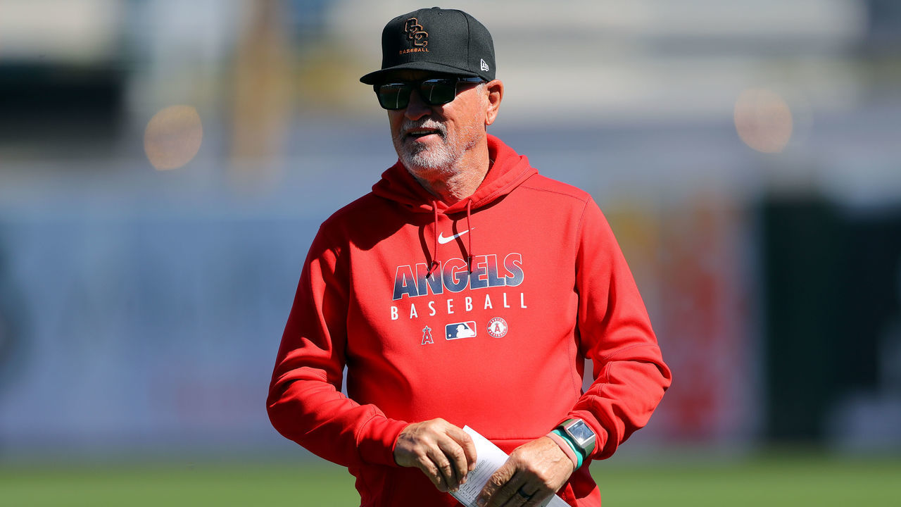 TEMPE, AZ - FEBRUARY 25: Manager Joe Maddon #70 of the Los Angeles Angels looks on prior to a game against the Cincinnati Reds on Tuesday, February 25, 2020 at Tempe Diablo Stadium in Tempe, Arizona.
