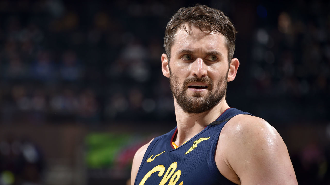 CLEVELAND, OH - MARCH 4: Kevin Love #0 of the Cleveland Cavaliers looks on during the game against the Boston Celtics on March 4, 2020 at Rocket Mortgage FieldHouse in Cleveland, Ohio. NOTE TO USER: User expressly acknowledges and agrees that, by downloading and/or using this Photograph, user is consenting to the terms and conditions of the Getty Images License Agreement. Mandatory Copyright Notice: Copyright 2020 NBAE