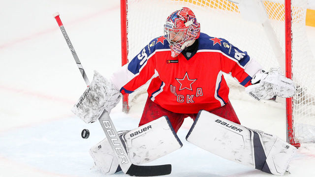 MOSCOW, RUSSIA - FEBRUARY 13, 2020: HC CSKA Moscow's goalie Ilya Sorokin in a 2019/20 Kontinental Hockey League (KHL) Regular Season ice hockey match against HC Barys Nur-Sultan at CSKA Arena. Mikhail Tereshchenko/TASS