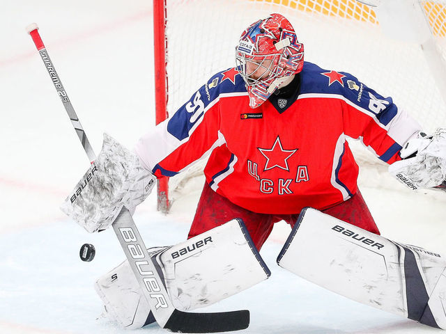 MOSCOW, RUSSIA - FEBRUARY 13, 2020: HC CSKA Moscow's goalie Ilya Sorokin in a 2019/20 Kontinental Hockey League (KHL) Regular Season ice hockey match against HC Barys Nur-Sultan at CSKA Arena. Mikhail Tereshchenko/TASS