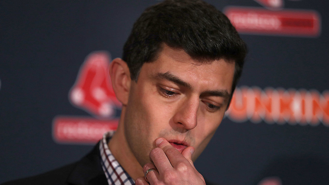 BOSTON, MA - JANUARY 15: Red Sox Chief Baseball officer Chaim Bloom speaks at a press conference at Fenway Park in Boston following the Boston Red Sox's split with its manager, Alex Cora, on Jan. 15, 2020. Red Sox principal owner John Henry, Chairman Tom Warner and President and CEO Sam Kennedy also addressed the crisis at the conference. Cora is at the center of a Houston Astros cheating scandal and is currently being investigated by the MLB.