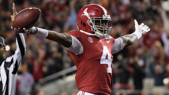 SANTA CLARA, CA - JANUARY 07: Jerry Jeudy #4 of the Alabama Crimson Tide celebrates his first quarter touchdown reception against the Clemson Tigers the CFP National Championship presented by AT&T at Levi's Stadium on January 7, 2019 in Santa Clara, California.