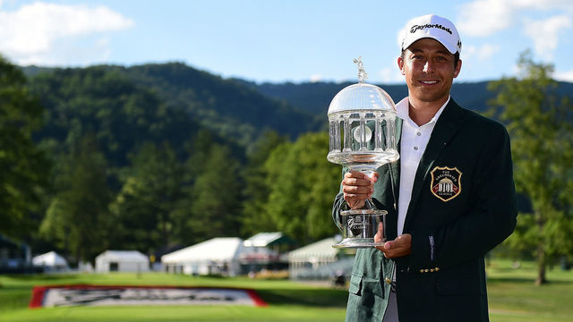 WHITE SULPHUR SPRINGS, WV - JULY 09: Xander Schauffele poses with the trophy after the final round of The Greenbrier Classic held at the Old White TPC on July 9, 2017 in White Sulphur Springs, West Virginia.