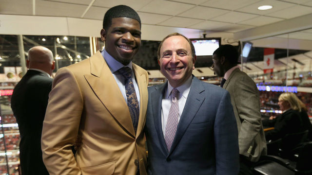 CHICAGO, IL - JUNE 15: NHL Commissioner Gary Bettman (R) poses with Montreal Canadiens defenseman P.K. Subban (L) after Subban was awarded the James Norris Memorial Trophy as the League's outstanding defenseman for 2012-13 NHL season before Game Two of the 2013 Stanley Cup Final between the Chicago Blackhawks and the Boston Bruins at the United Center on June 15, 2013 in Chicago, Illinois.
