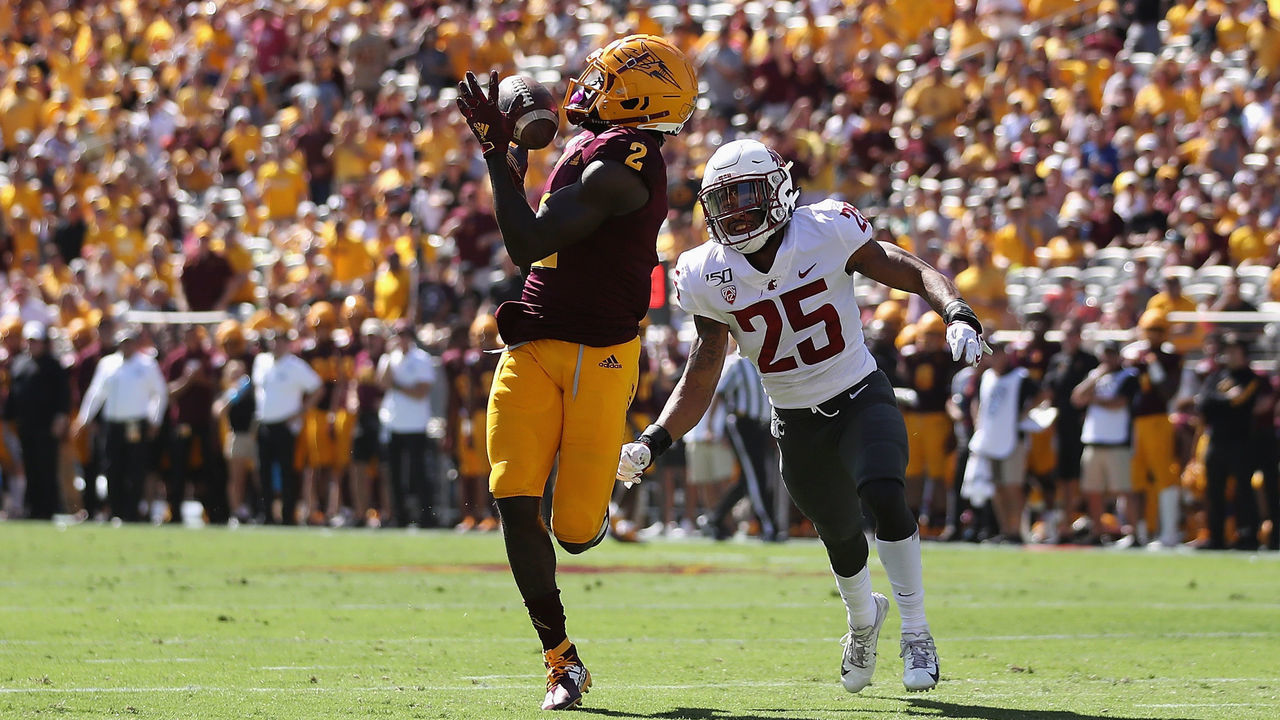 TEMPE, ARIZONA - OCTOBER 12: Wide receiver Brandon Aiyuk #2 of the Arizona State Sun Devils catches a 40 yard touchdown reception past safety Skyler Thomas #25 of the Washington State Cougars during the first half of the NCAAF game at Sun Devil Stadium on October 12, 2019 in Tempe, Arizona.