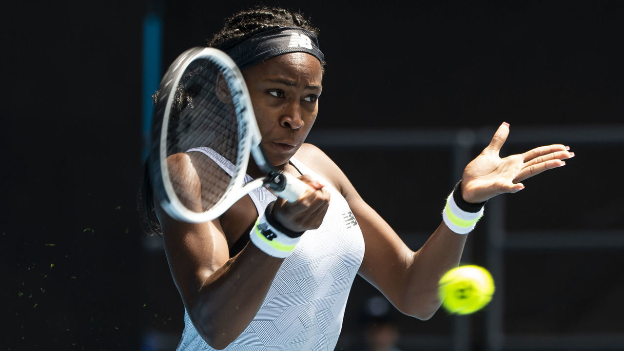 MELBOURNE, AUSTRALIA - JANUARY 26: Coco Gauff of the United States plays a forehand in her fourth round match against Sofia Kenin of the United States on day seven of the 2020 Australian Open at Melbourne Park on January 26, 2020 in Melbourne, Australia.