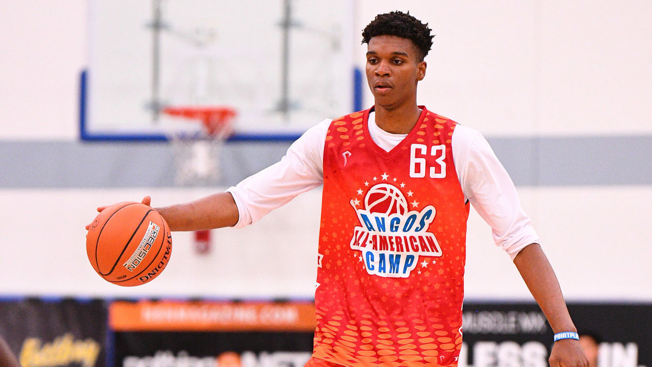 NORWALK, CA - JUNE 02: Isaiah Todd from Trinity Academy dribbles up the court during the Pangos All-American Camp on June 2, 2019 at Cerritos College in Norwalk, CA.