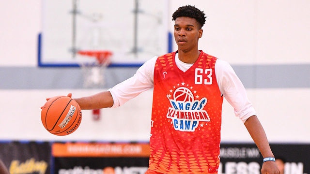 NORWALK, CA - JUNE 02: Isaiah Todd from Trinity Academy dribbles up the court during the Pangos All-American Camp on June 2, 2019 at Cerritos College in Norwalk, CA.