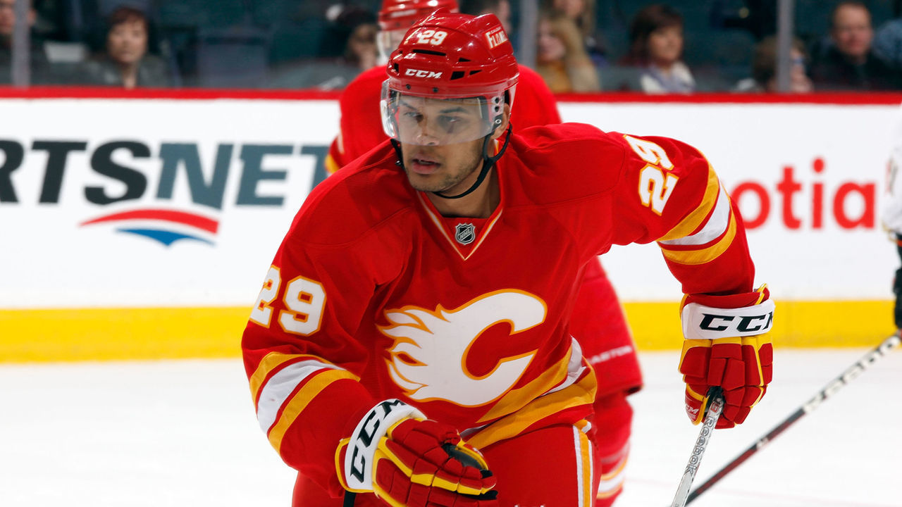 CALGARY, CANADA - APRIL 7: Akim Aliu #29 of the Calgary Flames skates the Anaheim Ducks on April 7, 2012 at the Scotiabank Saddledome in Calgary, Alberta, Canada. The Flames won 5-2.