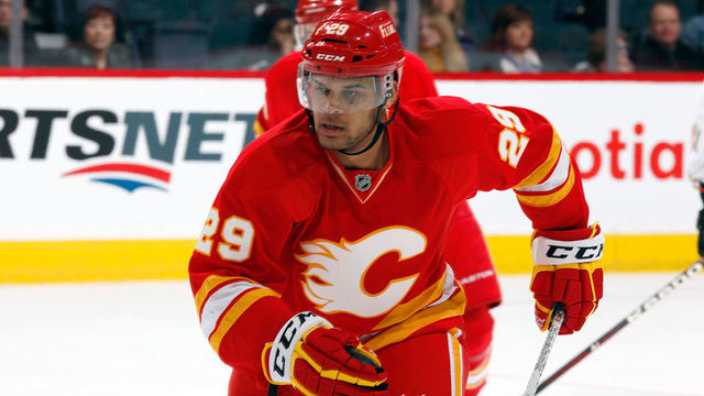 CALGARY, CANADA - APRIL 7: Akim Aliu #29 of the Calgary Flames skates the Anaheim Ducks on April 7, 2012 at the Scotiabank Saddledome in Calgary, Alberta, Canada. The Flames won 5-2.
