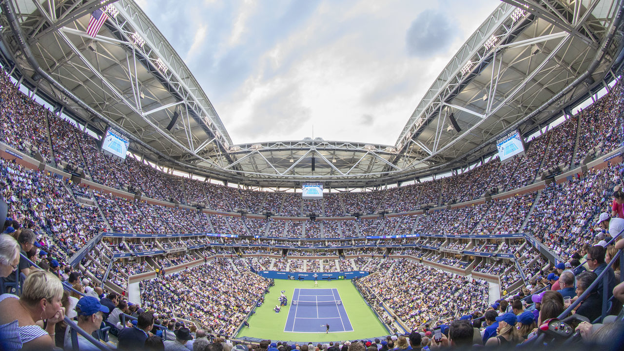 2019 US Open Tennis Tournament- Day Fourteen. A panoramic view of Arthur Ashe Stadium during the Rafael Nadal of Spain imatch against Danill Medvedev of Russia in the Men's Singles Final on Arthur Ashe Stadium during the 2019 US Open Tennis Tournament at the USTA Billie Jean King National Tennis Center on September 8th, 2019 in Flushing, Queens, New York City.