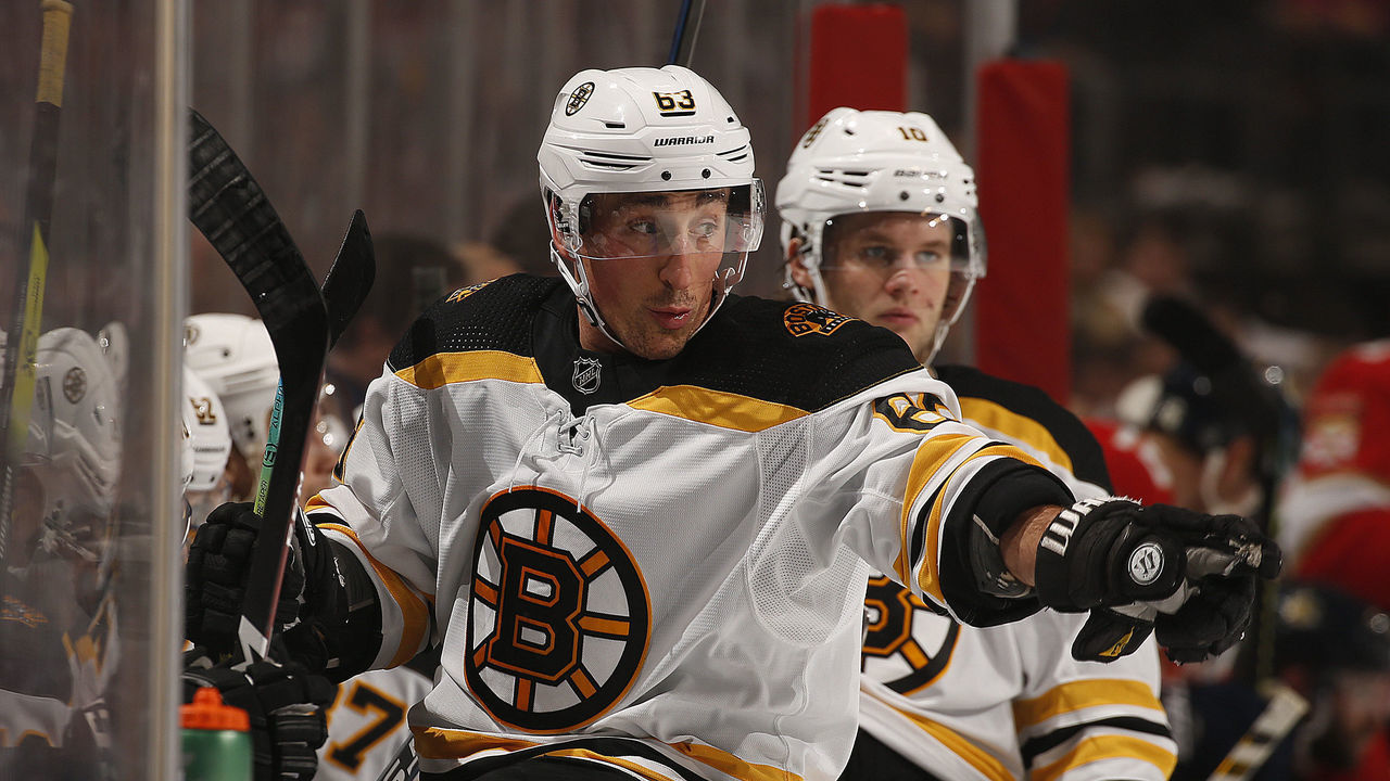 SUNRISE, FL - DECEMBER 14: Brad Marchand #63 of the Boston Bruins has a discussion with teammates on the bench during a break in the action against the Florida Panthers at the BB&T Center on December 14, 2019 in Sunrise, Florida.
