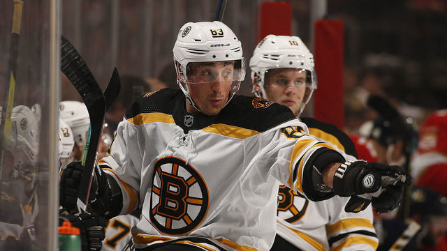 SUNRISE, FL - DECEMBER 14: Brad Marchand #63 of the Boston Bruins has a discussion with teammates on the bench during a break in the action against the Florida Panthers at the BB&T Center on December 14, 2019 in Sunrise, Florida.