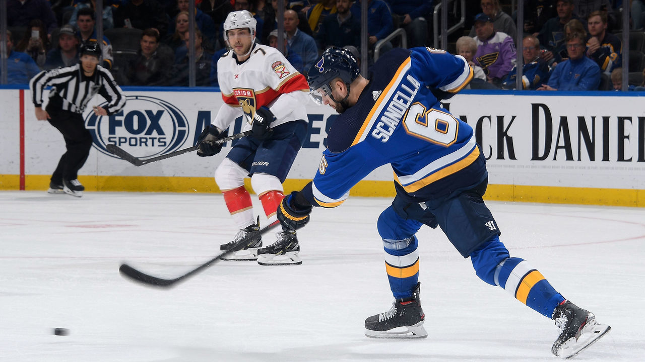 ST. LOUIS, MO - MARCH 9: Marco Scandella #6 of the St. Louis Blues takes a shot against the Florida Panthers at Enterprise Center on March 9, 2020 in St. Louis, Missouri.