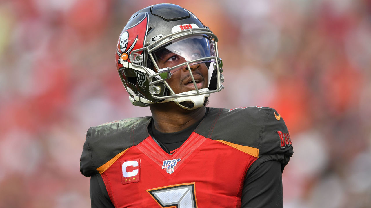 TAMPA, FL - DECEMBER 29: Tampa Bay Buccaneers Quarterback Jameis Winston (3) looks up at the scoreboard as he walks to the sidelines during the second half of an NFL game between the Atlanta Falcons and the Tampa Bay Bucs on December 29, 2019, at Raymond James Stadium in Tampa, FL.