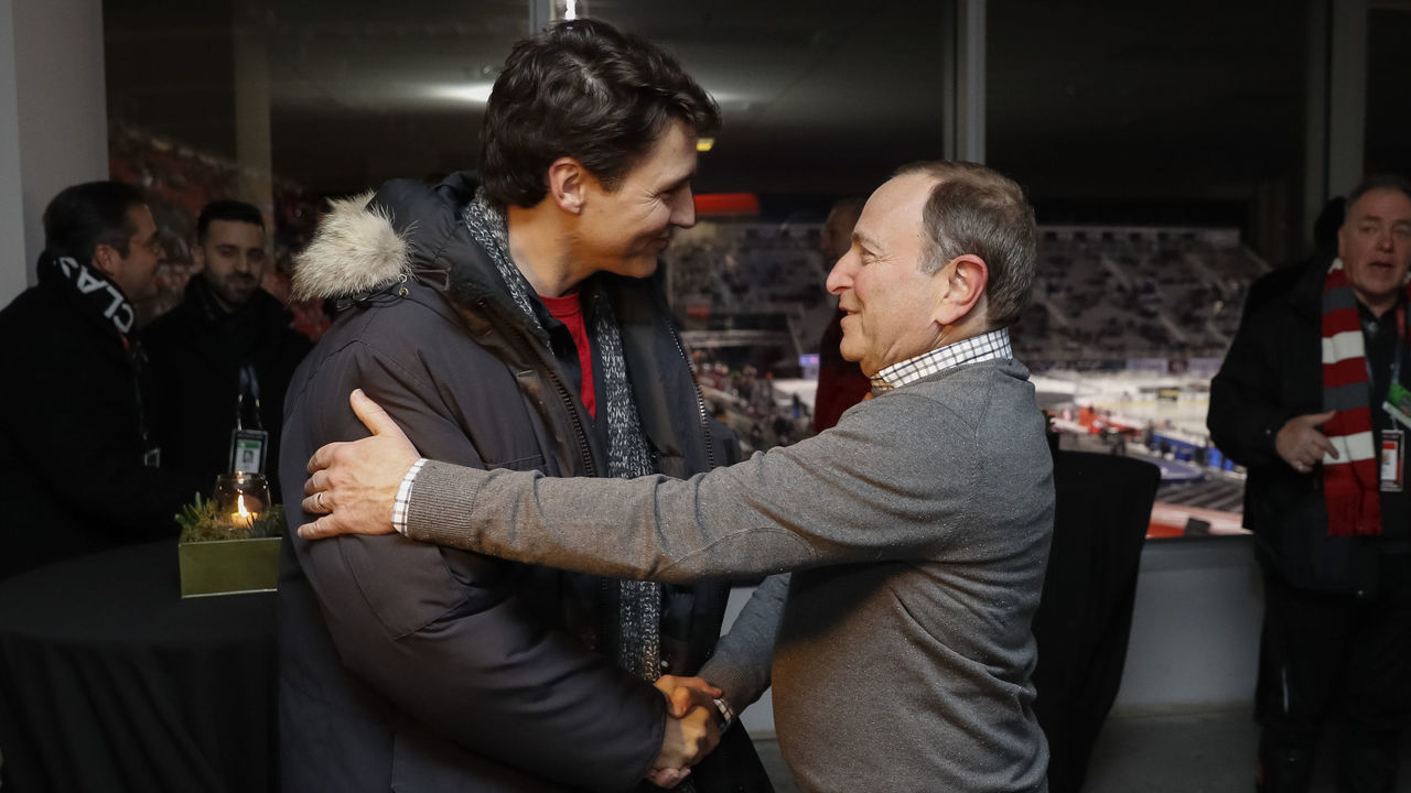 OTTAWA, ON - DECEMBER 16: Prime Minister of Canada Justin Trudeau greets NHL Commissioner Gary Bettman prior to the 2017 Scotiabank NHL 100 Classic between the Montreal Canadiens and Ottawa Senators at Lansdowne Park on December 16, 2017 in Ottawa, Ontario, Canada.