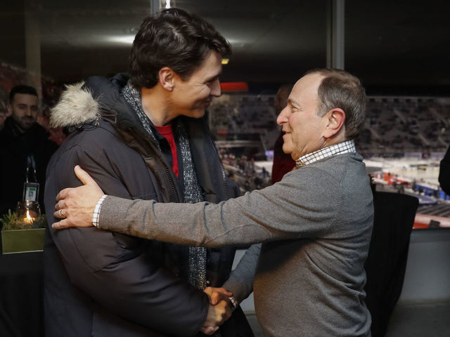 OTTAWA, ON - DECEMBER 16: Prime Minister of Canada Justin Trudeau greets NHL Commissioner Gary Bettman prior to the 2017 Scotiabank NHL 100 Classic between the Montreal Canadiens and Ottawa Senators at Lansdowne Park on December 16, 2017 in Ottawa, Ontario, Canada.