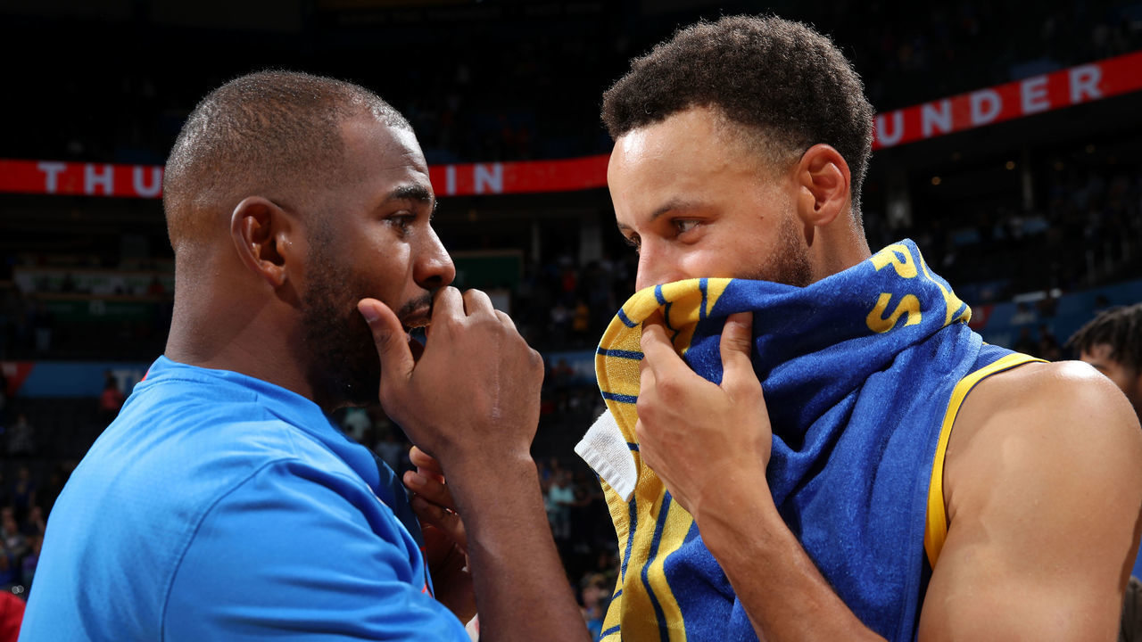 OKLAHOMA CITY, OK - OCTOBER 27: Chris Paul #3 of the Oklahoma City Thunder talks with Stephen Curry #30 of the Golden State Warriors after the game on October 27, 2019 at Chesapeake Energy Arena in Oklahoma City, Oklahoma. Mandatory Copyright Notice: Copyright 2019 NBAE
