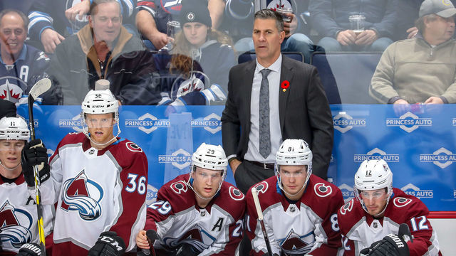 WINNIPEG, MB - NOVEMBER 12: Head Coach Jared Bednar of the Colorado Avalanche looks on from the bench during second period action against the Winnipeg Jets at the Bell MTS Place on November 12, 2019 in Winnipeg, Manitoba, Canada.