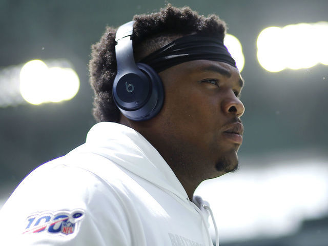 MIAMI, FLORIDA - SEPTEMBER 08: Orlando Brown #78 of the Baltimore Ravens looks on prior to the game between the Miami Dolphins and the Baltimore Ravens at Hard Rock Stadium on September 08, 2019 in Miami, Florida.
