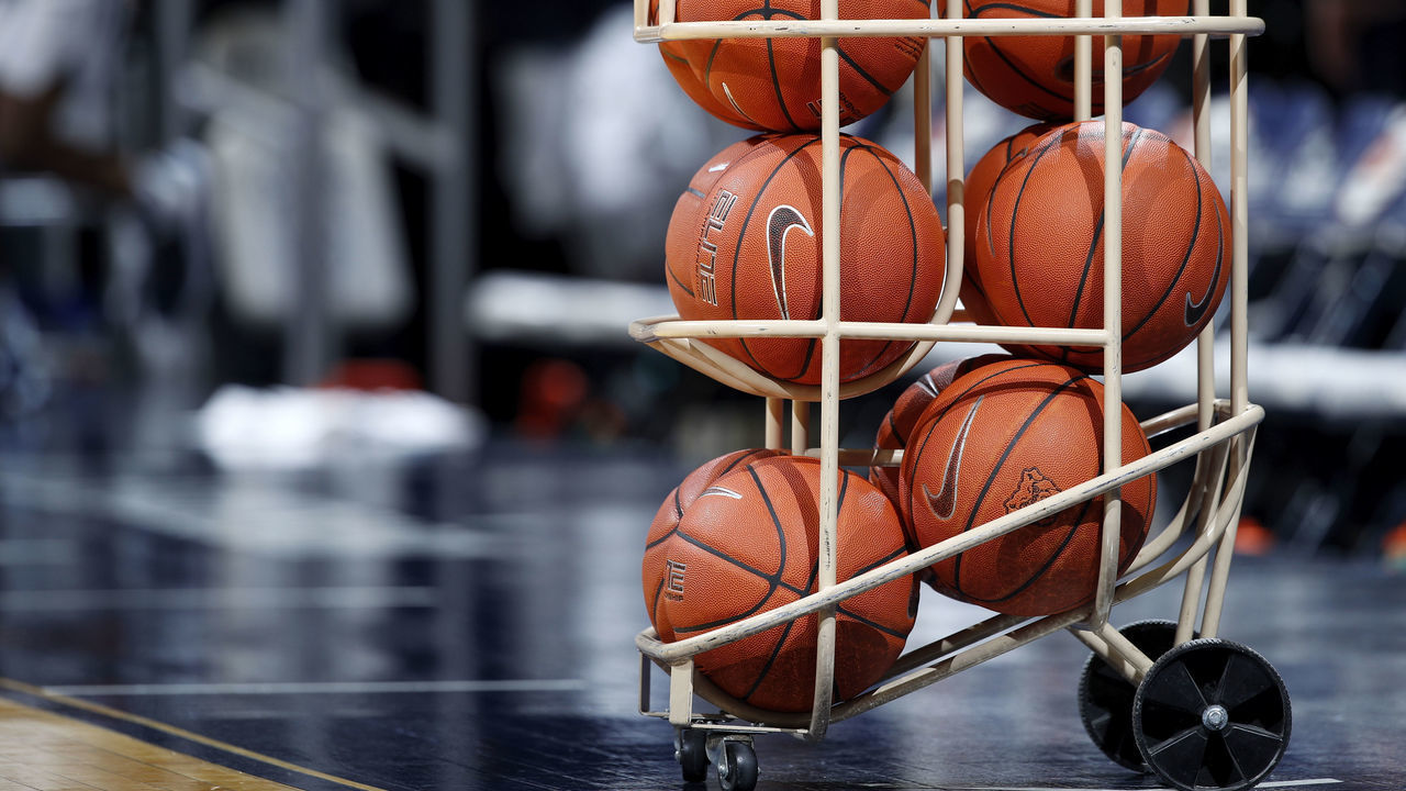 INDIANAPOLIS, IN - DECEMBER 07: A detail view of Nike Elite basketballs in a rack during a game between the Butler Bulldogs and Florida Gators at Hinkle Fieldhouse on December 7, 2019 in Indianapolis, Indiana. Butler defeated Florida 76-62.