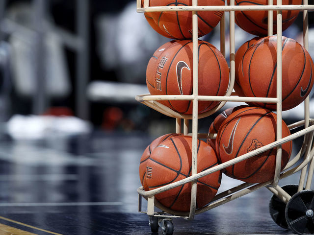 INDIANAPOLIS, IN - DECEMBER 07: A detail view of Nike Elite basketballs in a rack during a game between the Butler Bulldogs and Florida Gators at Hinkle Fieldhouse on December 7, 2019 in Indianapolis, Indiana. Butler defeated Florida 76-62.