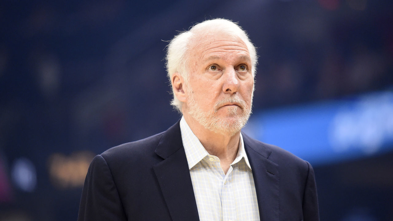 CLEVELAND, OHIO - MARCH 08: Head coach Gregg Popovich of the San Antonio Spurs watches the scoreboard during the first half against the Cleveland Cavaliers at Rocket Mortgage Fieldhouse on March 08, 2020 in Cleveland, Ohio. NOTE TO USER: User expressly acknowledges and agrees that, by downloading and/or using this photograph, user is consenting to the terms and conditions of the Getty Images License Agreement.