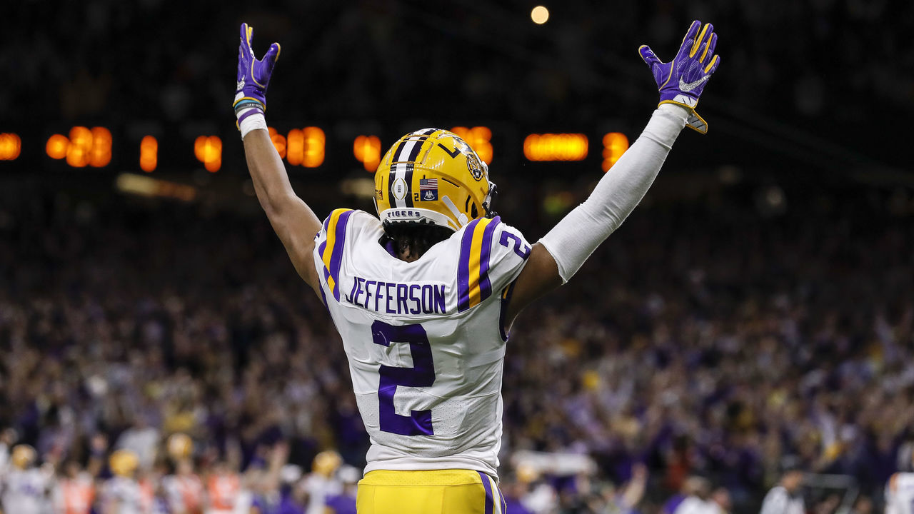 NEW ORLEANS, LA - JANUARY 13: Wide Receiver Justin Jefferson #2 of the LSU Tigers celebrates as the time is ticking away during the College Football Playoff National Championship game against the Clemson Tigers at the Mercedes-Benz Superdome on January 13, 2020 in New Orleans, Louisiana. LSU defeated Clemson 42 to 25.