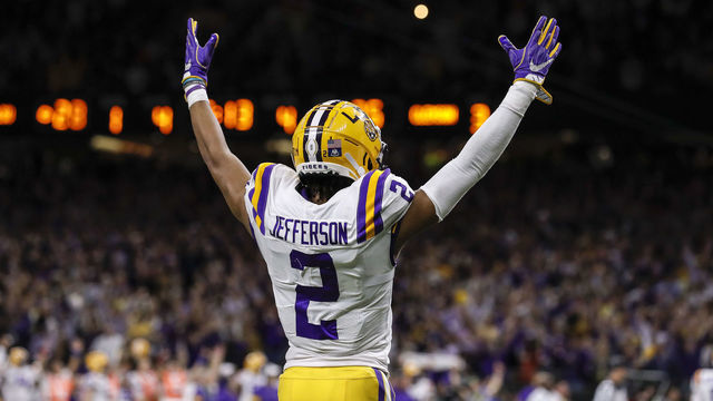 NEW ORLEANS, LA - JANUARY 13: Wide Receiver Justin Jefferson #2 of the LSU Tigers celebrates as the time is ticking away during the College Football Playoff National Championship game against the Clemson Tigers at the Mercedes-Benz Superdome on January 13, 2020 in New Orleans, Louisiana. LSU defeated Clemson 42 to 25.