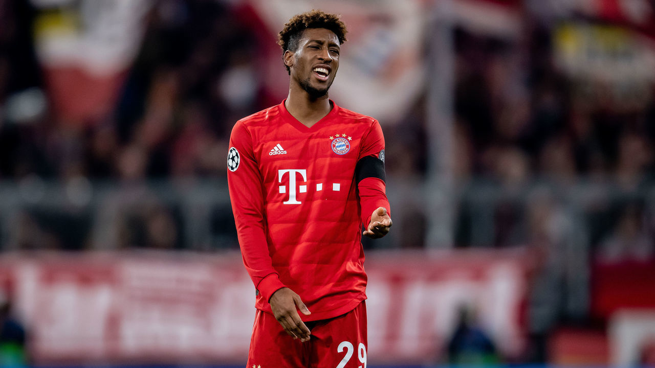 MUNICH, GERMANY - NOVEMBER 06: Kingsley Coman of Munich reacts during the UEFA Champions League group B match between Bayern Muenchen and Olympiacos FC at Allianz Arena on November 06, 2019 in Munich, Germany.