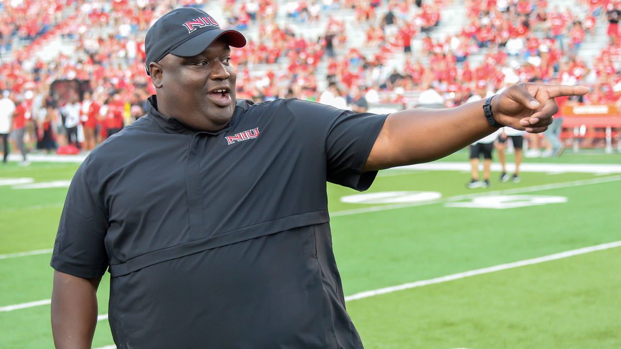 LINCOLN, NE - SEPTEMBER 14: Head coach Thomas Hammock of the Northern Illinois Huskies on the field before the game against the Nebraska Cornhuskers at Memorial Stadium on September 14, 2019 in Lincoln, Nebraska.