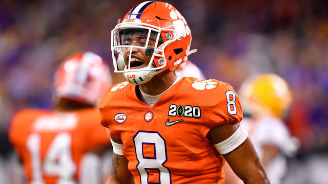NEW ORLEANS, LA - JANUARY 13: A.J. Terrell #8 of the Clemson Tigers celebrates a defensive stop against the LSU Tigers during the College Football Playoff National Championship held at the Mercedes-Benz Superdome on January 13, 2020 in New Orleans, Louisiana.
