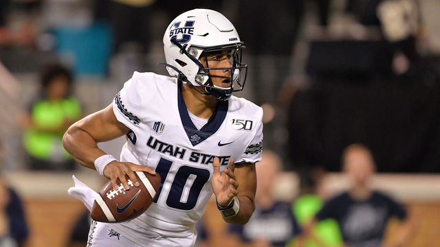 WINSTON SALEM, NORTH CAROLINA - AUGUST 30: Jordan Love #10 of the Utah State Aggies against the Wake Forest Demon Deacons during their game at BB&T Field on August 30, 2019 in Winston Salem, North Carolina. Wake Forest won 38-35.