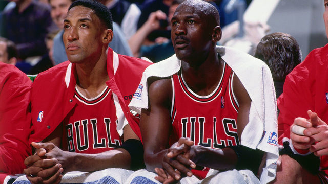 INDIANAPOLIS - MAY 23: Scottie Pippen #33 and Michael Jordan #23 of the Chicago Bulls look on during a game played on May 23, 1998 at the Market Square Arena in Indianapolis, Indiana. Mandatory Copyright Notice: Copyright 1998 NBAE