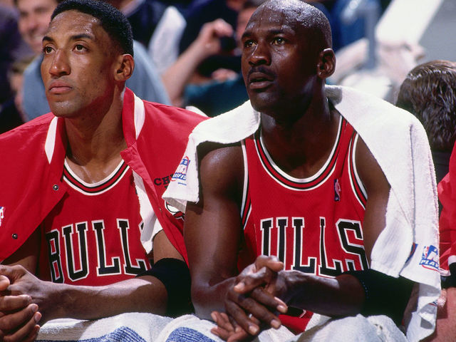 INDIANAPOLIS - MAY 23: Scottie Pippen #33 and Michael Jordan #23 of the Chicago Bulls look on during a game played on May 23, 1998 at the Market Square Arena in Indianapolis, Indiana. Mandatory Copyright Notice: Copyright 1998 NBAE