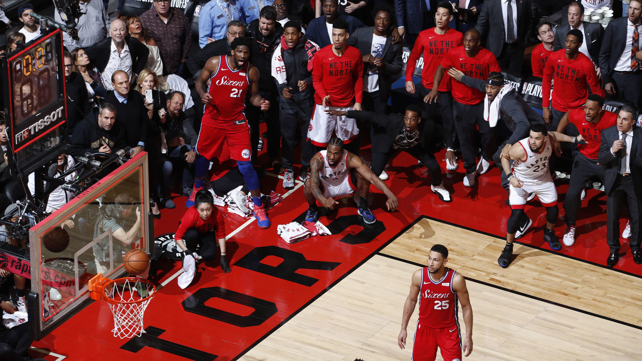 TORONTO, CANADA - MAY 12: Kawhi Leonard #2 of the Toronto Raptors hits the game winning shot against the Philadelphia 76ers during Game Seven of the Eastern Conference Semifinals of the 2019 NBA Playoffs on May 12, 2019 at the Scotiabank Arena in Toronto, Ontario, Canada. Mandatory Copyright Notice: Copyright 2019 NBAE