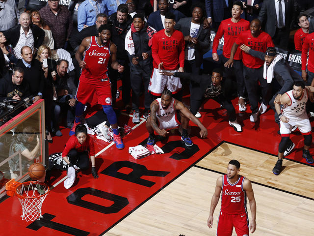 TORONTO, CANADA - MAY 12: Kawhi Leonard #2 of the Toronto Raptors hits the game winning shot against the Philadelphia 76ers during Game Seven of the Eastern Conference Semifinals of the 2019 NBA Playoffs on May 12, 2019 at the Scotiabank Arena in Toronto, Ontario, Canada. Mandatory Copyright Notice: Copyright 2019 NBAE
